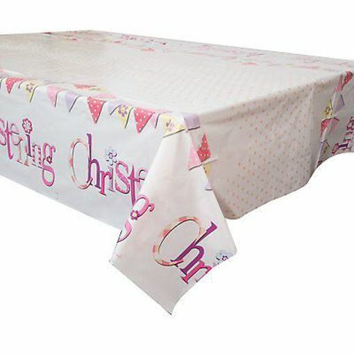 Picture of PINK BUNTING CHRISTENING PLASTIC TABLE COVER - 1.37X2.13M